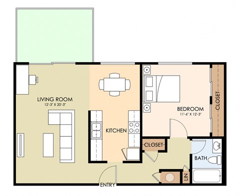 Floor plan for 1 bed, 1 bath, 716 sqft